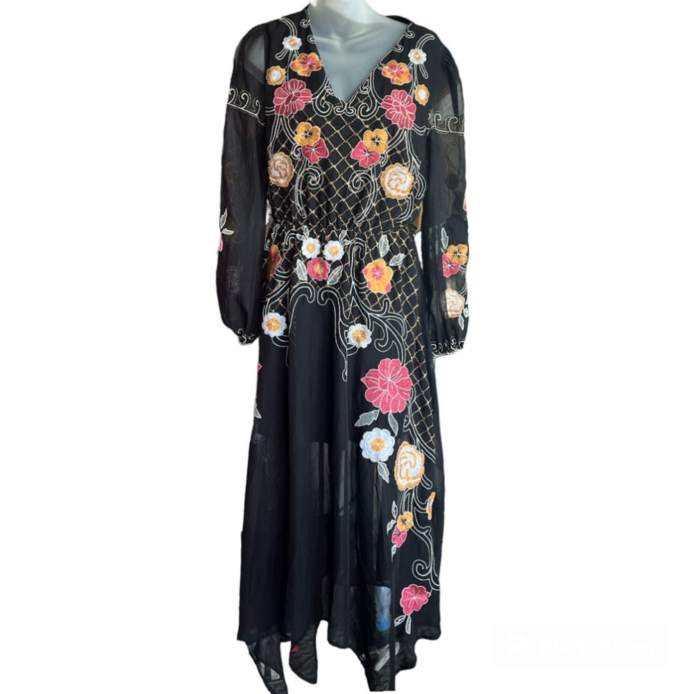 Rockin’ C Women’s Western Boho Embroidered Black Maxi Dress size large